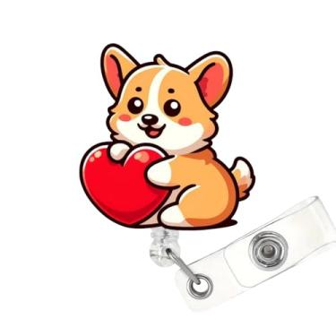 Imagem de Carretel de crachá de dia dos namorados, retrátil, fofo, engraçado, corgi, segurando, suporte de crachá de coração vermelho, porta-crachá de feriado com clipe jacaré, dia dos namorados, crachá