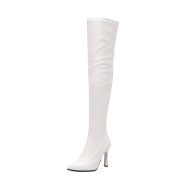 Imagem de Botas femininas de cano alto com bico fino e meio zíper para outono e inverno moda acima do joelho botas altas, Branco, 34