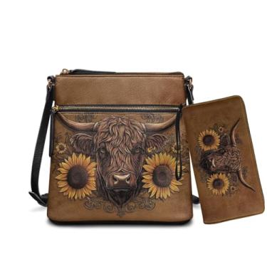 Imagem de Rchsomd Conjunto de bolsa e carteira feminina de couro PU - Bolsa Hobo leve multifuncional com vários bolsos para viagens, Marrom - Highland Cow Sunflower, One Size