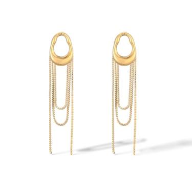 Imagem de Brincos de corrente de ouro femininos modernos de aço inoxidável banhado a ouro 18 K com borla para presentes, Normal, Aço inoxidável, Sem pedra preciosa