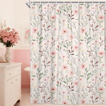 Imagem de NYMB Cortina de chuveiro Cottagecore, rosa claro floral com folhas, para decoração de banheiro boêmio, fazenda, campo, cortina de banho de tecido de poliéster à prova d'água com ganchos, 182 cm L x