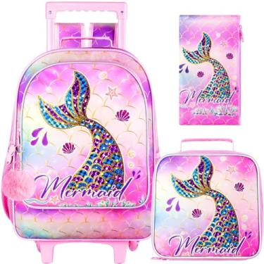 Imagem de HPJGD Mochila Infantil com Rodinhas de 3 Peças, Mochilas Escolares com Rodas Resistentes à Água, Estampa UV Fishtail, Unissexo, Crianças