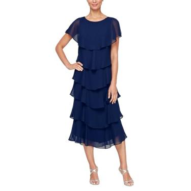 Imagem de S.L. Fashions Vestido feminino Georgette gola canoa em camadas comprimento midi casamento convidada com detalhe de ombro frisado, Gola azul marinho, 48