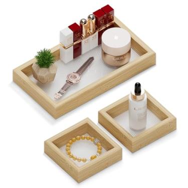 Imagem de Conjunto de 3 bandejas decorativas retangulares para bancada e penteadeira de banheiro, adequada para perfume, fragrância, joias, relógio e mesa de centro, feita de plástico de corte rômbico brilhante