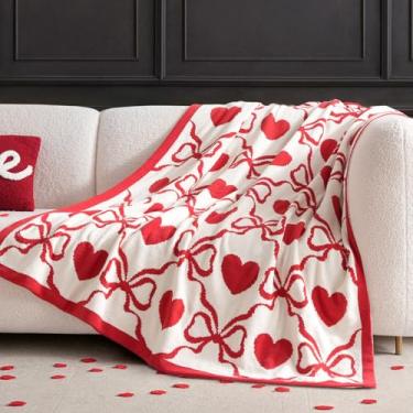 Imagem de Amélie Home Cobertor de malha chenille com laço de coração para dia dos namorados, cobertores macios e aconchegantes reversíveis para casais, mantas leves de pelúcia romântica para sofá, cama