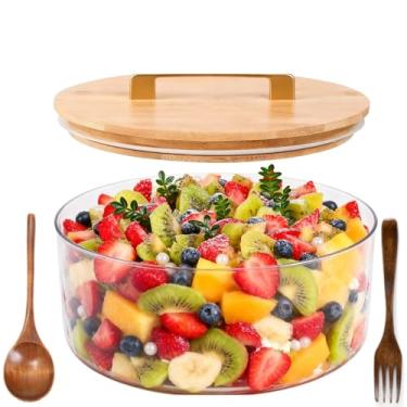 Imagem de bangminda Tigela de vidro com tampa, tigela grande para salada com colher e garfo; tigela de mistura e servir de 20 cm para saladas, sobremesas, frutas e festas, forno, micro-ondas