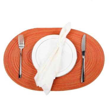 Imagem de Tnvamk Jogo americano oval, conjunto de 6 - tapetes de mesa de algodão trançado, resistentes ao calor, tapetes de casa de fazenda, antiderrapante, boho, decoração de cozinha, 35 x 50 cm - laranja