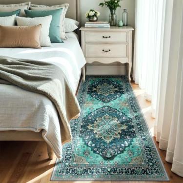 Imagem de RELEANY Tapetes de área 9,5 x 18 m, lavável, antiderrapante, floral, vintage, estampa de angústia, tapete medalhão para sala de estar, quarto, sala de jantar, verde-petróleo, azul lago turquesa