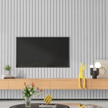 Imagem de YENHOME Painel de parede de ripas de madeira texturizada 3D de 61 x 500 cm para paredes de quarto, painéis de madeira cinza e branco para teto, autoadesivos, painéis de parede à prova de som