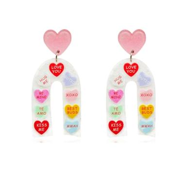 Imagem de Brincos de coração fofos de acrílico para o Dia dos Namorados Rosa Fluindo Areia Amor Brincos Criativos Amor Coração Arqueado Brincos Rosa Amor Dia dos Namorados Joias para Mulheres Meninas Presente