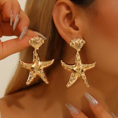 Imagem de Brincos femininos de estrela do mar com conchas, hipoalergênicos, banhados a ouro, textura pontilhada, fofos, delicados, joias temáticas oceânicas, festas, uso diário, 14 g