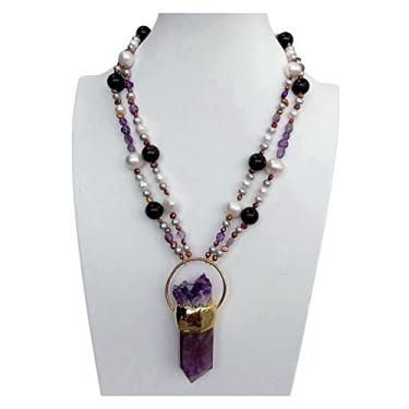 Imagem de DWBPGVUN Colar de ametista de pérola branca cultivada em 2 fileiras com pingente de drusa de ametista roxa