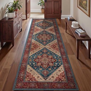 Imagem de Tangsoo Tapete vintage vermelho azul 6 x 20 lavável para entrada, antiderrapante, pequeno, azul escuro laranja tapete para porta da frente interna