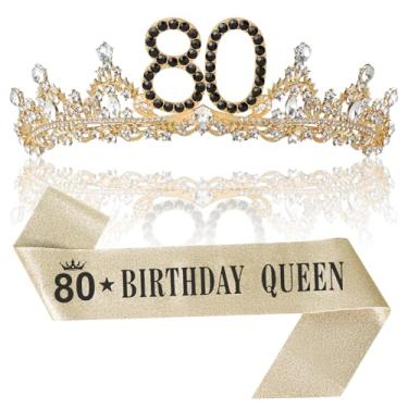 Imagem de Coroa e faixa de aniversário de 80 anos para mulheres, tiara 80, decorações de aniversário de 80 anos em ouro preto para mulheres, presentes de 80 anos, lembrancinhas para sua esposa, mãe, avó