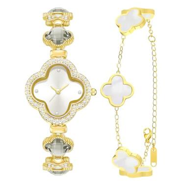 Imagem de SUBANG Conjunto de 2 pulseiras femininas de ouro com trevo da sorte, conjunto de joias, relógio de pulso banhado a ouro 18 K, design de flores, pulseiras de quatro folhas para mulheres, Trevo branco