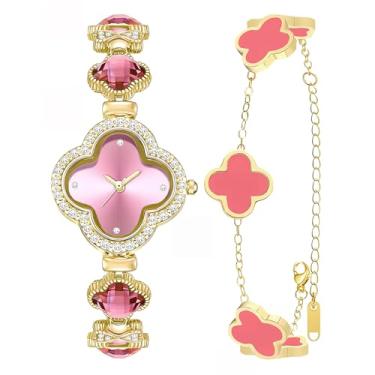 Imagem de SUBANG Conjunto de 2 pulseiras femininas de ouro com trevo da sorte, conjunto de joias, relógio de pulso banhado a ouro 18 K, design de flores, pulseiras de quatro folhas para mulheres, Trevo rosa