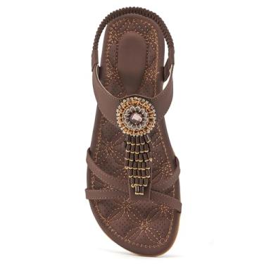 Imagem de Alicegana Sandálias planas femininas elegantes para o verão, confortáveis, boêmias, caminhadas, praia, sapatos de viagem, Café, 40