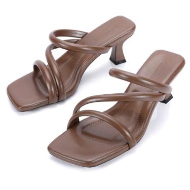 Imagem de Trakxy Sandália feminina de bico quadrado com salto gatinho confortável, bico aberto, salto baixo, tiras cruzadas, Marrom, 40
