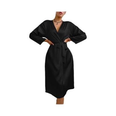 Imagem de Roupão de cetim feminino com cinto elegante cor sólida e sedoso e conf