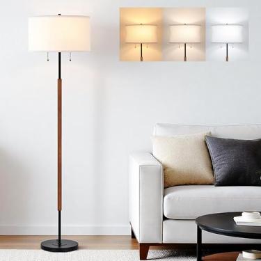 Imagem de BTP Luminária de chão moderna para sala de estar, luminária de madeira de 2 luzes com interruptor duplo, luz de leitura alta para quarto, escritório, sala de jantar, casa de fazenda, 3 lâmpadas de