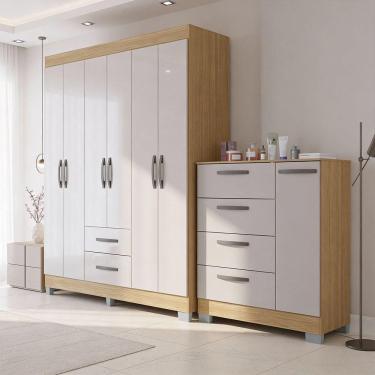 Imagem de Kit Guarda Roupa Atenas E Cômoda Poquema Damasco/off White