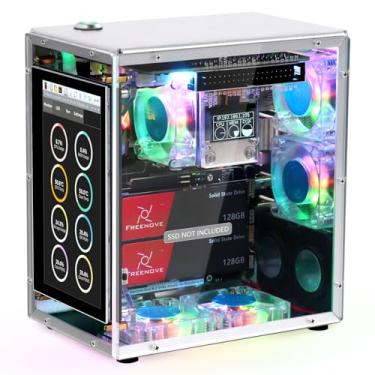 Imagem de FREENOVE Kit de capa Raspberry Pi 5 Pro, compartimentos duplos M.2 NVMe SSD, 5 ventiladores PWM ARGB sincronização de luz, cooler de torre de CPU, tela sensível ao toque de 10,9 cm, alto-falantes