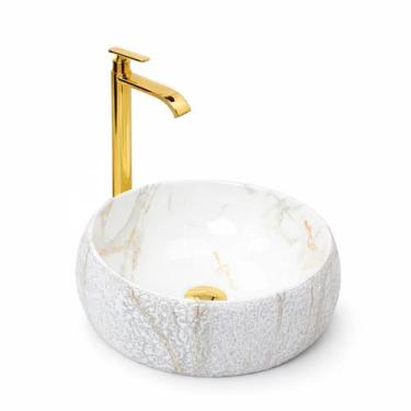 Imagem de Kit Cuba Pia Louça Cerâmica Banheiro C/Torn e Vál Dourada 101 - KITCTV