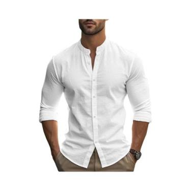 Imagem de Camisa Havaiana Masculina Slim Fit Em Algodão E Linho, Cor Sólida, Res