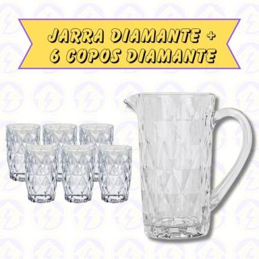Imagem de Conjunto 6 Copos Diamante 370 ML + 1 Jarra Vidro 1 L Sucos Agua - PRAT