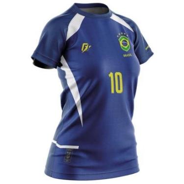 Imagem de Camiseta Baby Look Filtro UV Brasil Canarinho Azul Torcedor Retrô Penta-Feminino