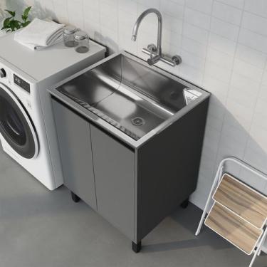 Imagem de Tanque de Lavanderia Inox 46L com Gabinete MDF 61cm Cinza Chumbo Grafi