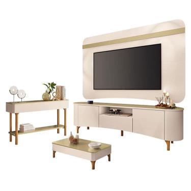 Imagem de Rack Bancada Elara e Painel Armony com Mesa de Centro Liz e Aparador Fiero Off White Champanhe - HB Móveis