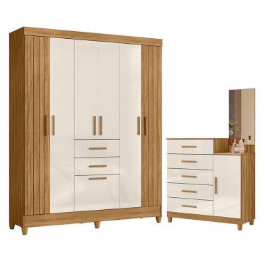 Imagem de Guarda Roupa Solteiro e Cômoda Malta Lisboa 8 Portas 7 Gavetas MDP MDF 165 cm Freijó Of...