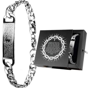 Imagem de Pulseira Masculina Orizom Pai Nosso em Aço Inoxidável 20CM Prata com Pingente Gravado e...