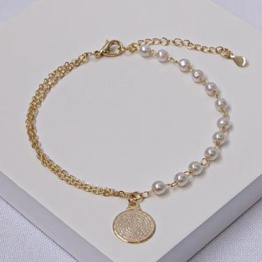 Imagem de Pulseira Feminina Folheada a Ouro com Pérolas e Pingente Pai Nosso - R