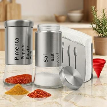 Imagem de Saleiro de Mesa com Pimenteiro e Porta Guardanapo Inox para Organização de Cozinha (Prata)