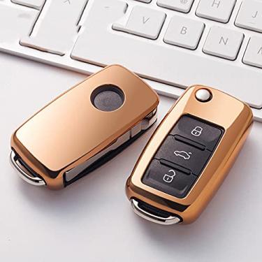 Imagem de WSWJDW Macio TPU masculino feminino porta-chaves do carro capa porta-chaves anel porta-chaves, adequado para Volkswagen VW Passat Golf Jetta Bora Polo Sagitar Tiguan, ouro