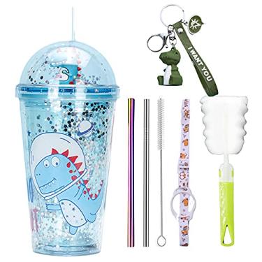 Imagem de seelucky Caneca de viagem de dinossauro com canudo azul copo de bebida com alça copo de festa rosa copo de gelo para piquenique festa aniversário (dinossauro espaço azul, 430 ml)