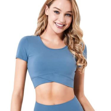 Imagem de Sweat-absorção de secagem rápida ioga ioga desgaste tops de mangas curtas camisetas,Blue,L