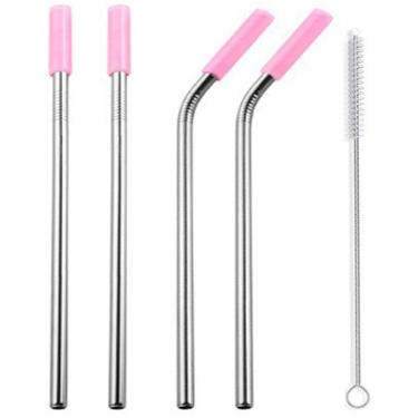 Imagem de Canudos Aço Inox Milk Shake Silicone 7mm kit 4 Reutilizaveis Rosa