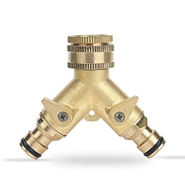 Imagem de C/H Divisor de mangueira de jardim de latão de 2 vias, torneira de mangueira de água de 2 vias, conector divisor liga/desliga individual, rápido com 2 conectores rápidos para encaixe de ferramenta de irrigação