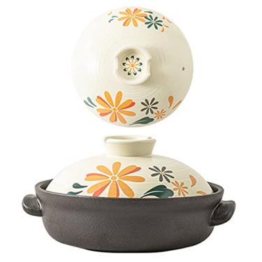 Imagem de QWERTYUI Caçarola de cerâmica com tampa, panela de argila estilo japonês, panela de sopa redonda resistente ao calor, para cozinha e cozinhar, forno, lava-louças e micro-ondas, flor, 1,5 L