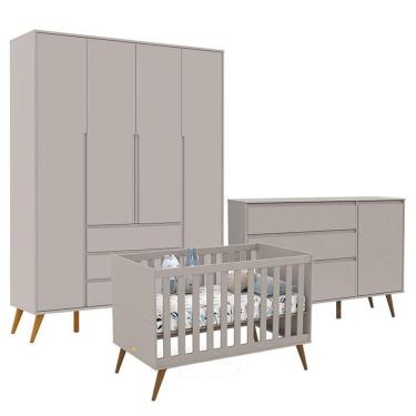 Imagem de Quarto de Bebê Retrô Clean 4 Portas com Berço Retrô Gold Cinza Soft Eco Wood - Matic 