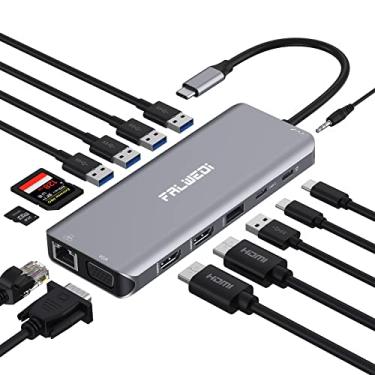 Imagem de Estação de ancoragem para laptop com USB-C, adaptador multiportas, tipo C, 14 em 1, com 3 monitores, HDMI duplo, VGA, PD, Ethernet, SD/TF, USB C/A, microfone/áudio, para laptops Dell/Surface/HP/Lenovo