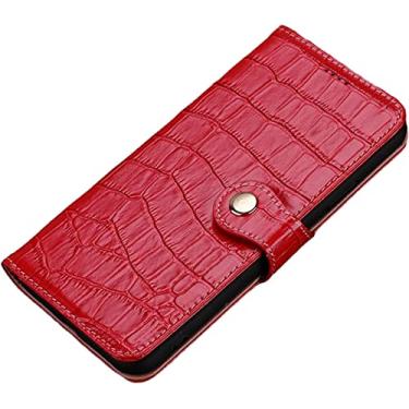 Imagem de KAPPDE Capa carteira para iPhone 14, padrão de crocodilo clássico suporte de cartão de couro genuíno magnético fólio capa flip à prova de choque capa protetora para telefone 6,1 polegadas 2022 (cor: vermelho)