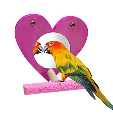 Imagem de Brinquedo de espelho de pássaro com suporte de poleiro, madeira natural, colorida, areia, acabamento de pata, acessórios para gaiola de bico para papagaio, periquito, calopatiela, amor-viva-vinha, conure, finch, lorikeet Budgie (em forma de coração)