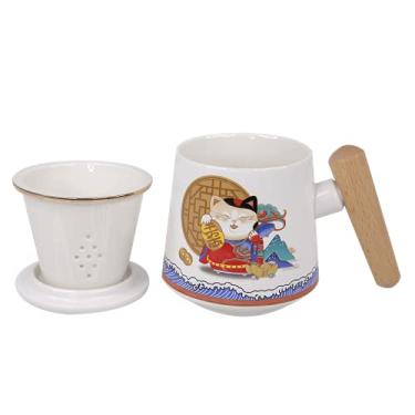 Imagem de Amruta Caneca de gato da sorte, xícara de chá com infusor e alça, conjunto de canecas de cerâmica de 443 ml com tampa e cabo de madeira, ótima para uso diário infusões de chá e chá de folhas soltas