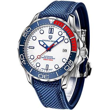 Imagem de Relógio masculino original Pagani Design, pulseira de aço inoxidável com coroa rosqueada e resistente à água até 100 m. Movimento mecânico automático, moldura giratória de cerâmica, 1667L Branco-HW