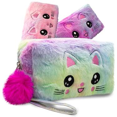 Imagem de Estojo Escolar Feminino Box Grande Infantil Fofo Gatinho Colorido Com Alça Para Pendurar Removível Material Escola (Multicolorido)