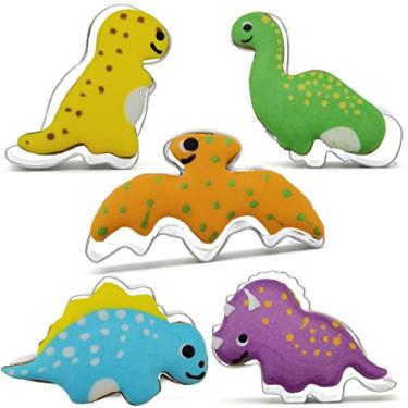 Imagem de Conjunto de 5 peças de mini moldes de dinossauros, moldes de corte de biscoito de aço inoxidável, molde de assar desenho, ferramenta de enfeite de biscoito pastelado, molde de assar engraçado para crianças